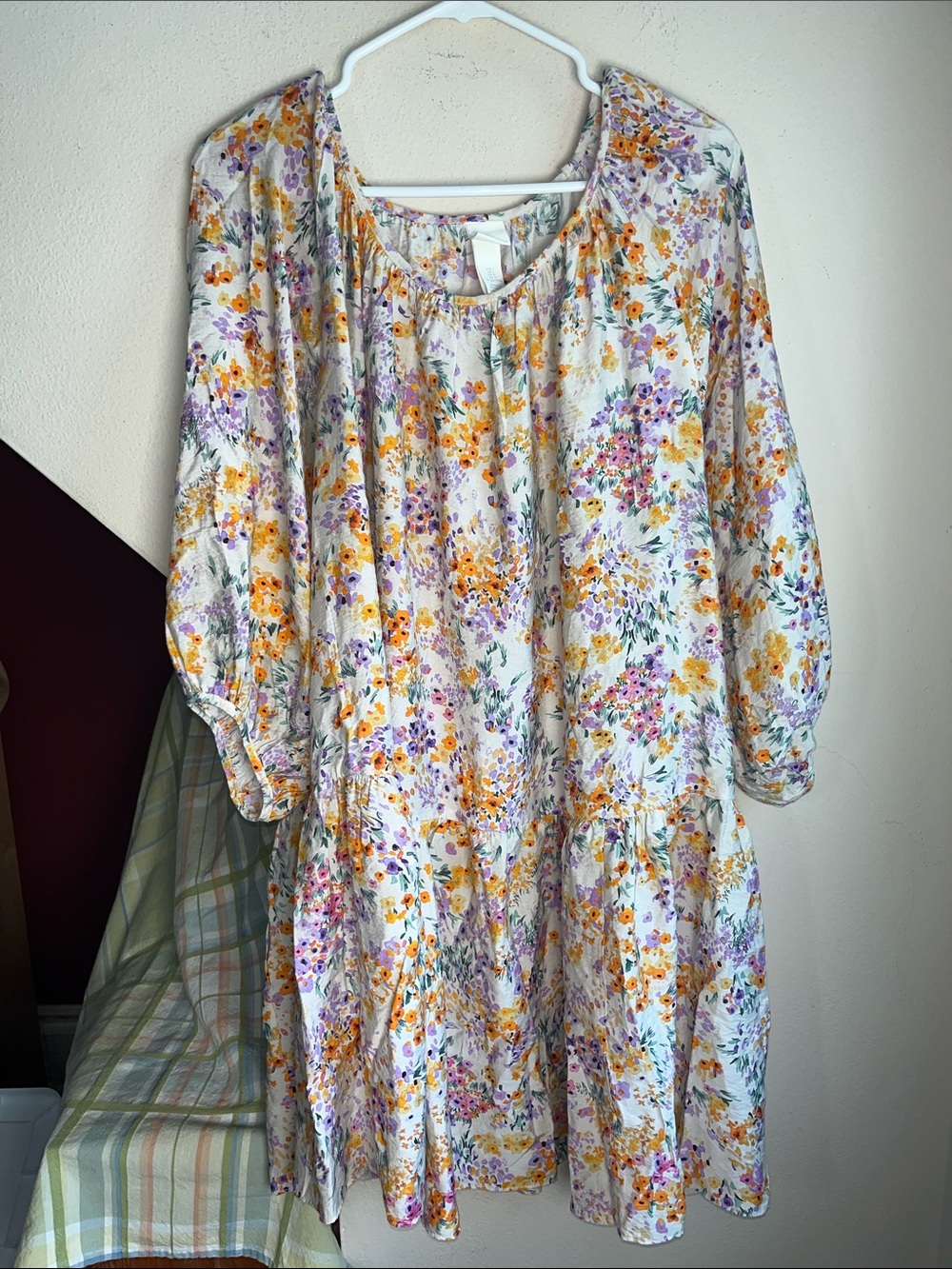 H&M Cream‎ Oversized Floral Peasant Tunic Dress with Yellow & Purple Blooms L